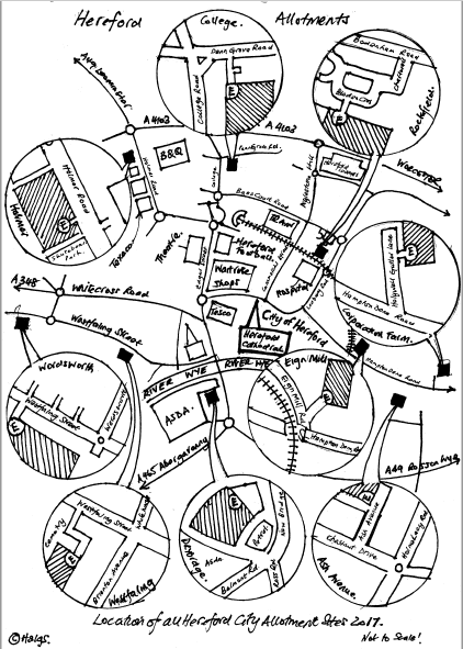A hand drawn map showing the locations of the various Hereford Allotment Sites